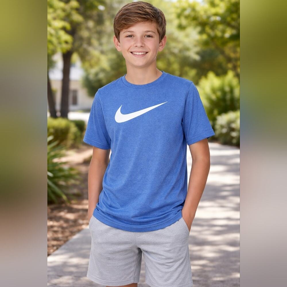 Nike Dri-Fit Youth XL Blue Heathered Swoosh Short Sleeve Kids/Womens #1567
